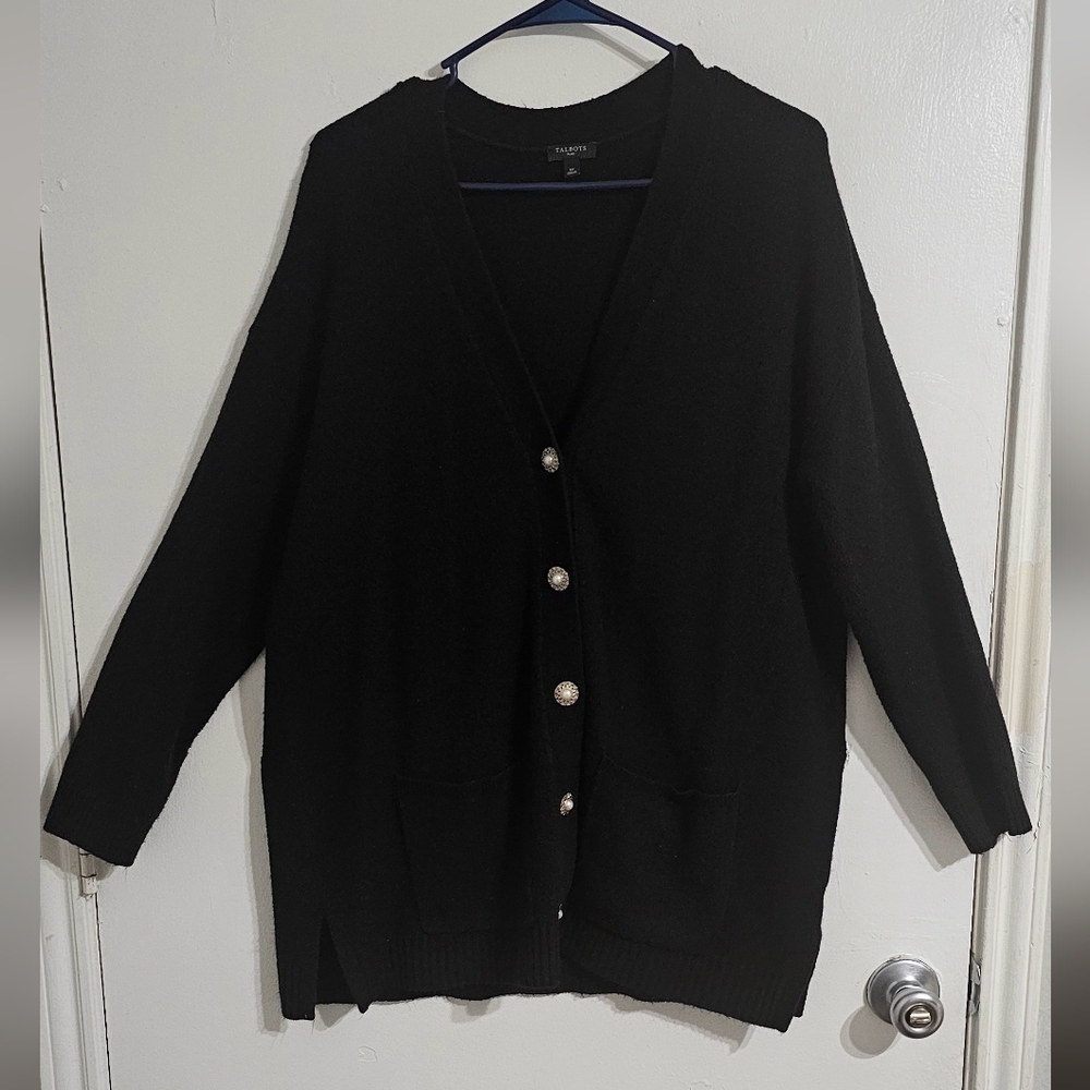 Talbots Duster Cardigan Womens 1X Black Wool Blend Minimalist Feminine Cozy Soft